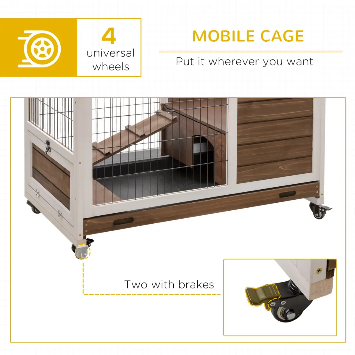 PawHut PawHut Wood Indoor Rabbit Hutch Elevated 2-Floor Guineas Pigs Cage w/ Wheels and with openable Roof - Rabbit Hutch