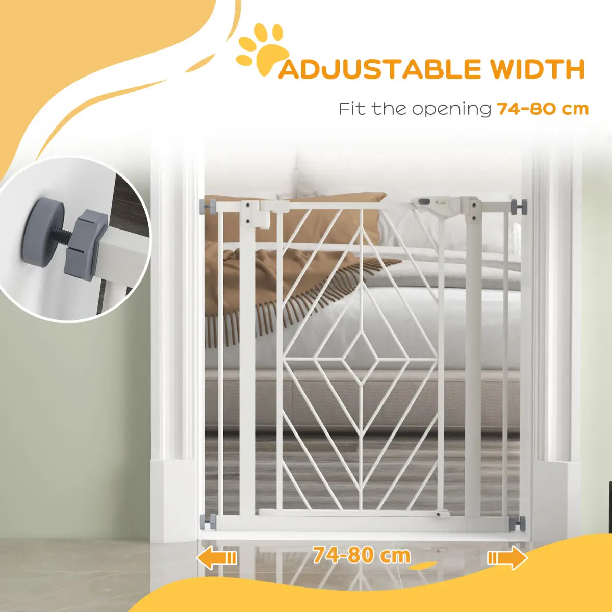 PawHut Pressure Fit Safety Gate w/ Auto Closing Door, Double Locking, Openings 74-80cm - Pet Gate