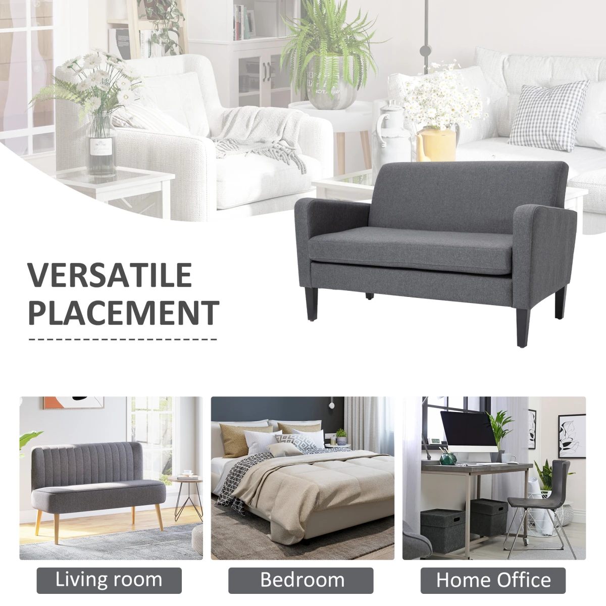HOMCOM Linen Modern Curved Loveseat 2 Seat Thick Cushions Home Use - Sofa
