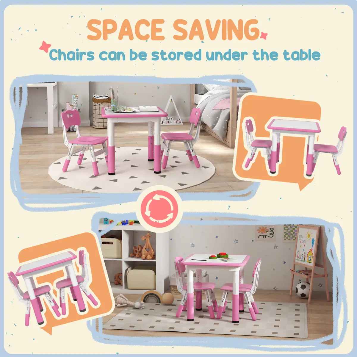 AIYAPLAY AIYAPLAY 3 Pcs Height Adjustable Kids Table and Chair Set for Playroom - Pink - Picnic Tables