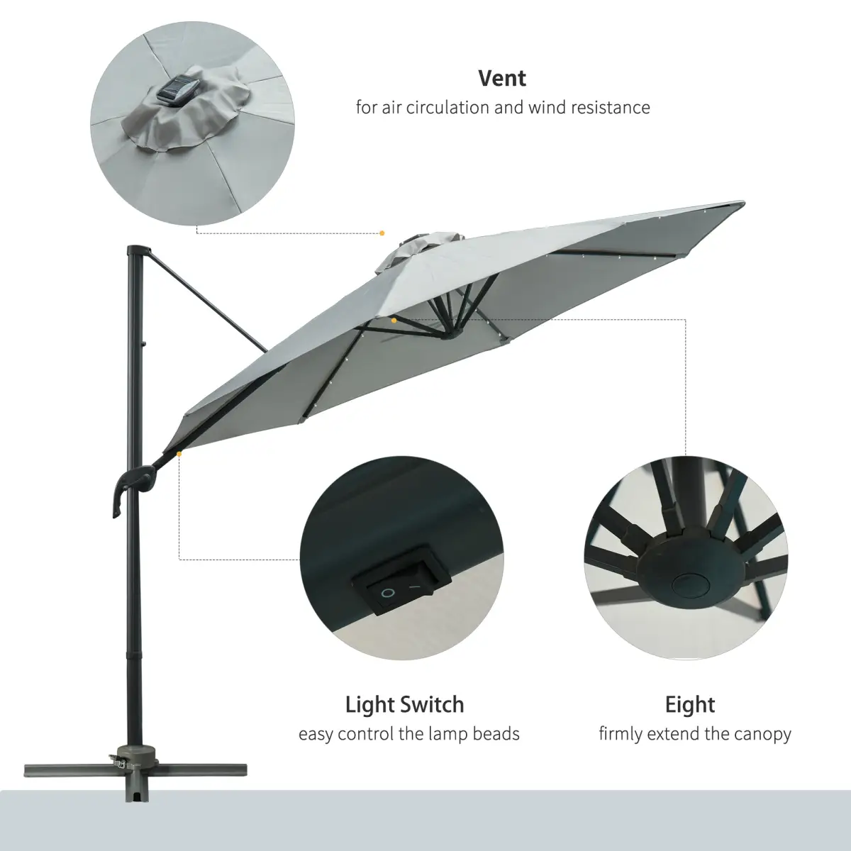 Outsunny 3m Cantilever Roma Parasol Patio Sun Umbrella with LED Solar Light, Grey - Parasol