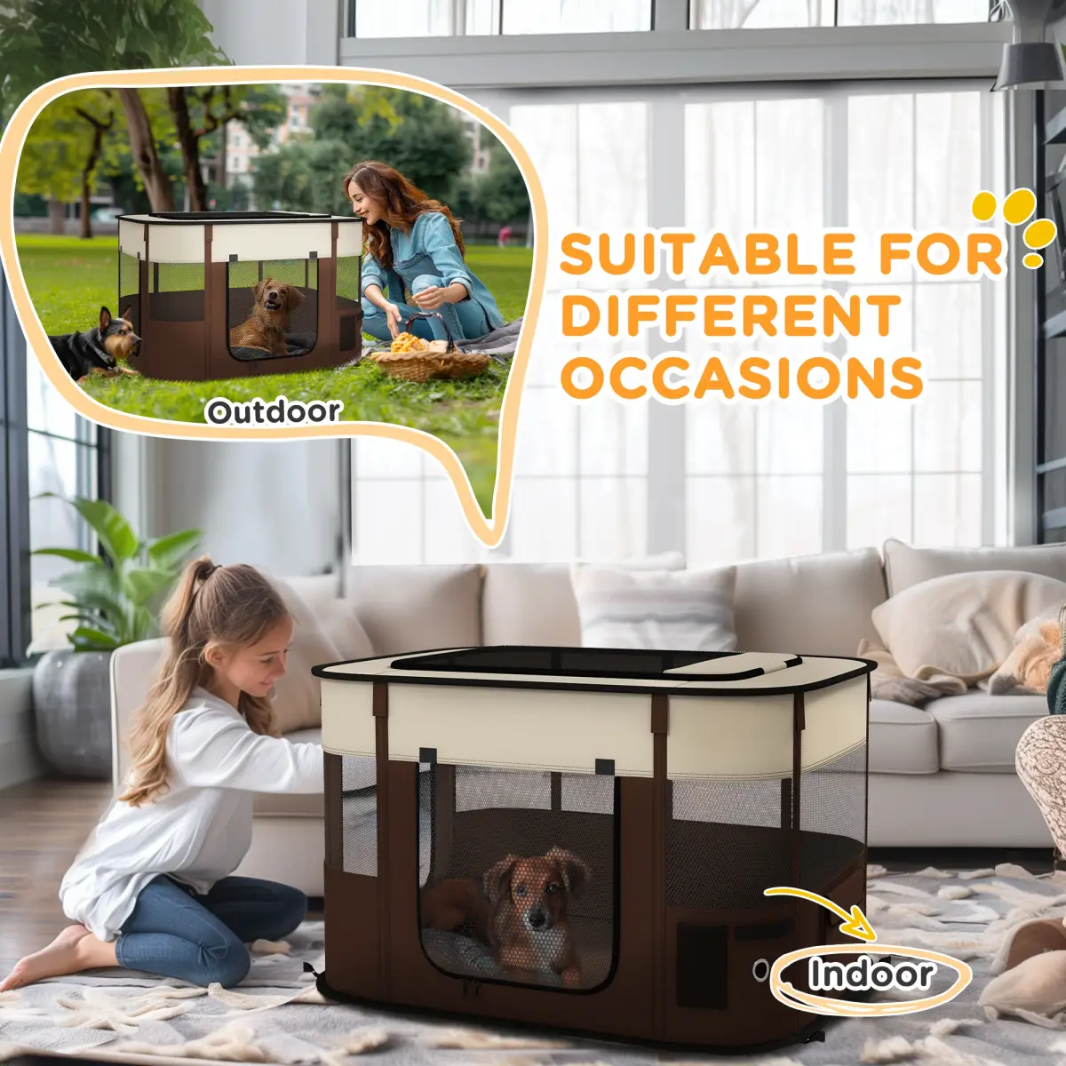 PawHut PawHut Portable Dog Pen for Puppies, Rabbits, Kittens, Guinea Pigs - Brown - Pet Playpen