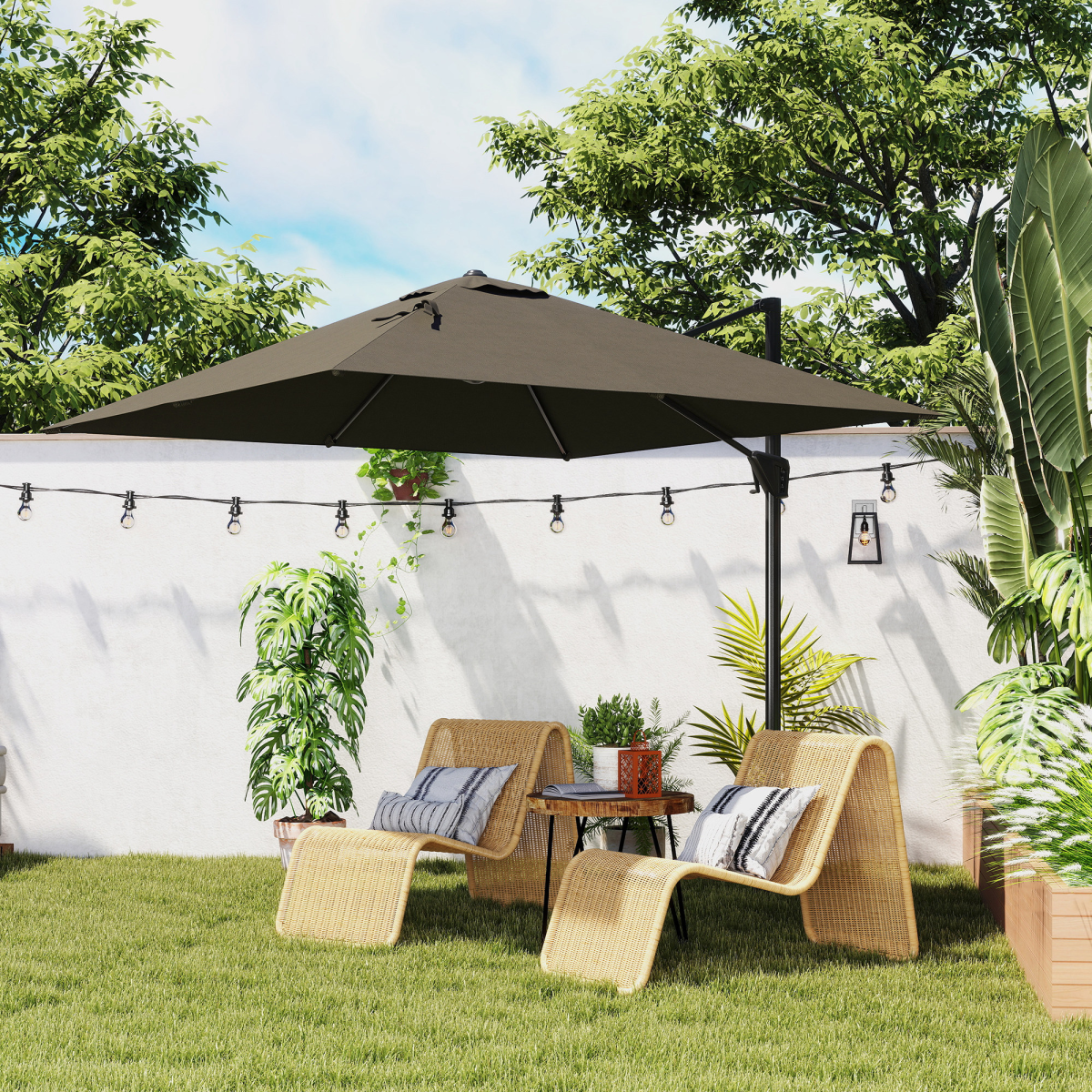 Outsunny Outsunny Square Cantilever Roma Parasol 360° Rotation w/ Hand Crank, Tan - Parasol