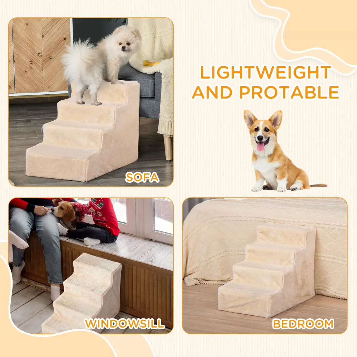 PawHut Portable Dog Stairs with Washable Plush Cover, for High Bed Sofa - Beige - Dog Steps