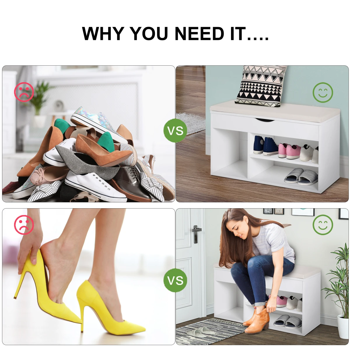 HOMCOM White Wooden Shoes Cabinet Bench With Padded PU Seat And Hidden Storage For Hallway Organization - Shoe Storage