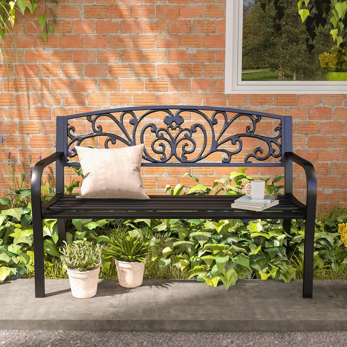 Outsunny 2-Seater Garden Bench, Steel-Black - Garden Chairs