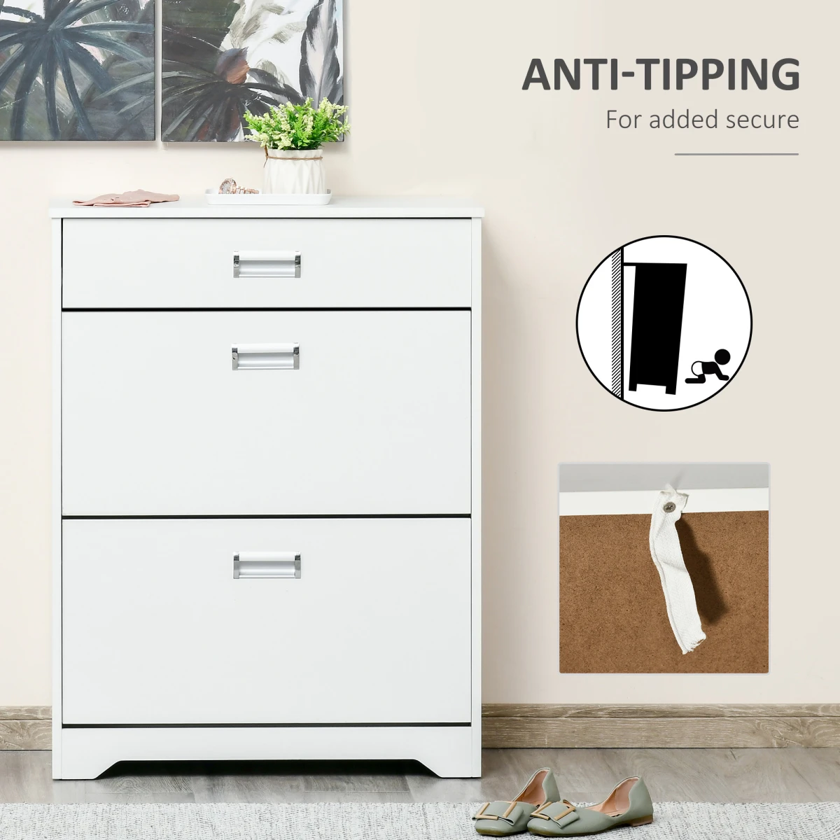 HOMCOM White Shoe Cabinet 16-Pair Flip Drawers Entryway - Shoe Storage