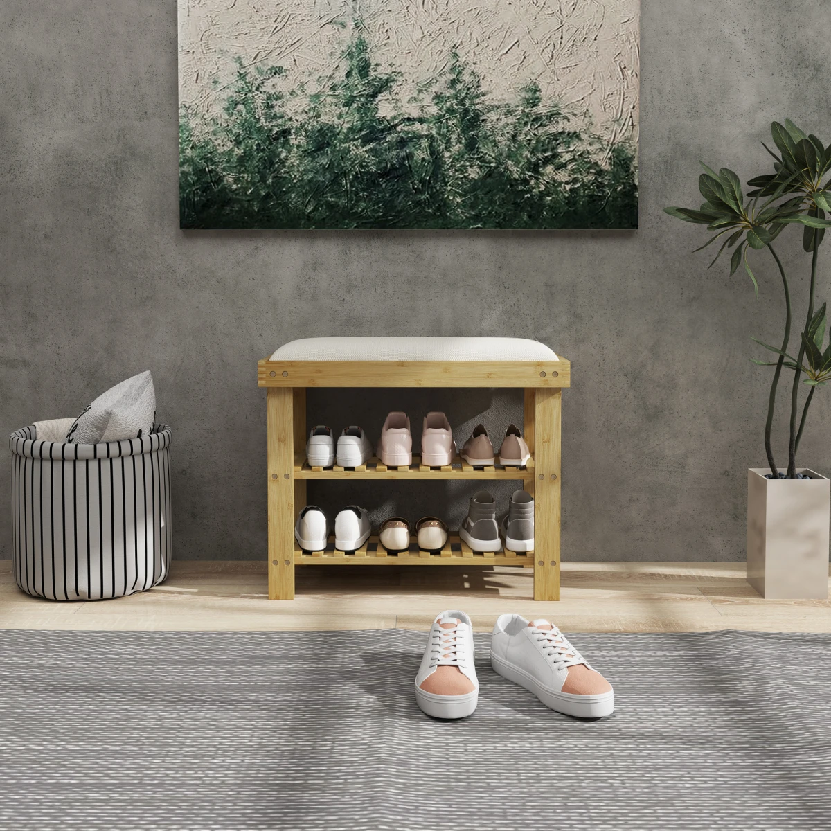 HOMCOM HOMCOM 3-Tier Shoe Storage Bench, Bamboo Shoe Rack for Entryway, Cream -