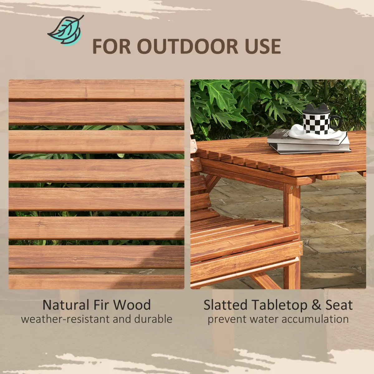 Outsunny Outsunny Wooden Garden Love Seat with Coffee Table Partner Bench Tan Brown - Garden Chairs