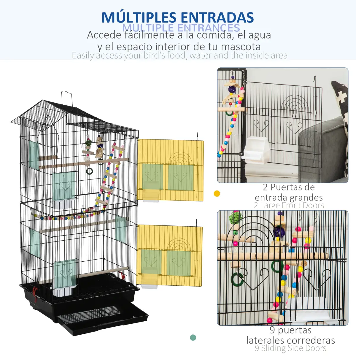 Unbranded Metal Bird Cage for Budgies, Finches w/ Accessories, Toys, Tray, Handle - Black - Bird Cage