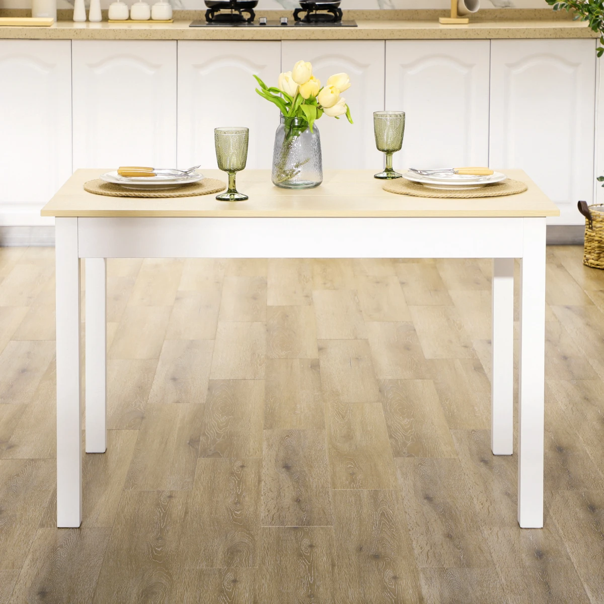 HOMCOM Dining Table 4-6 Seater Oak Veneer Top Thick Legs White Frame For Kitchen by HOMCOM
