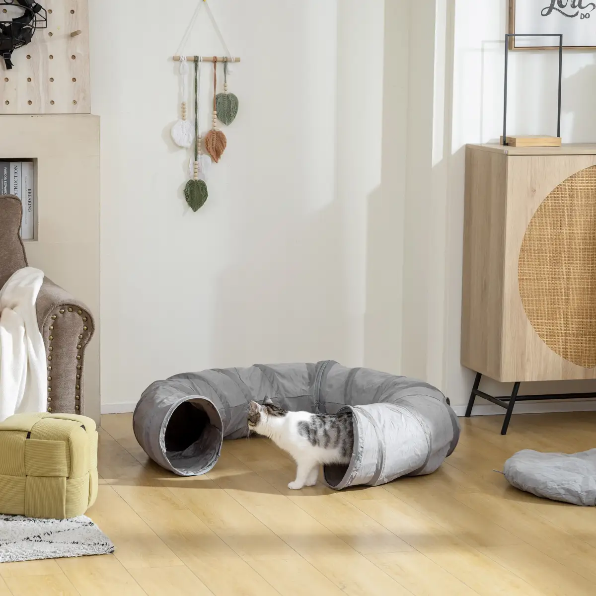 PawHut PawHut 2 in 1 Cat Tunnel with Bed, Cat Play Tunnel for Indoor Cats, Grey - Cat Beds