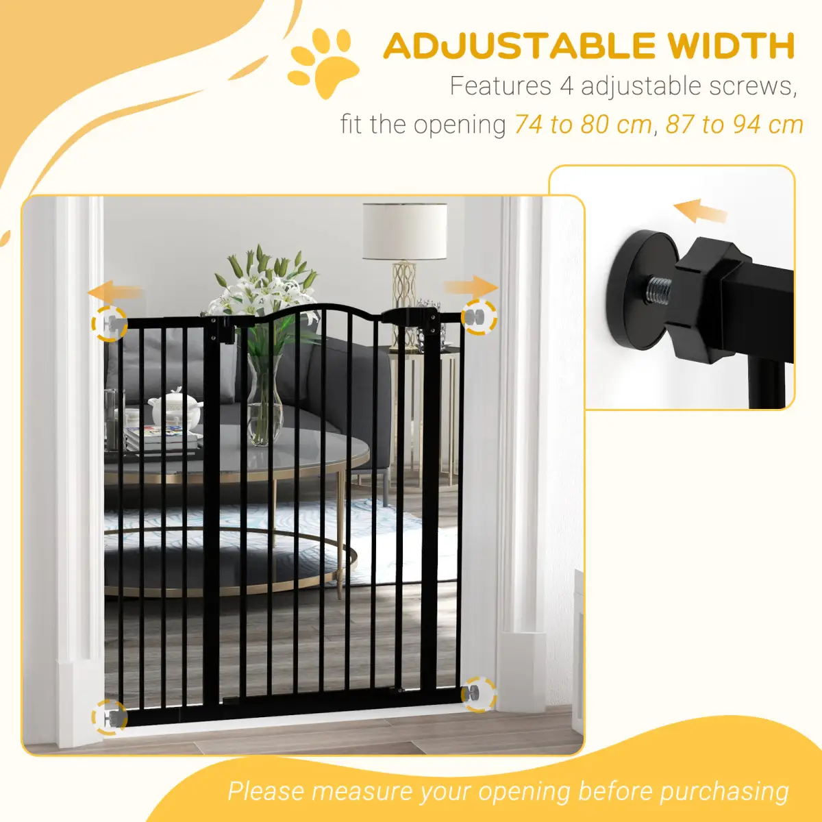 PawHut PawHut 74-94cm Adjustable Metal Pet Gate Safety Barrier w/ Auto-Close Door Black - Pet Gate