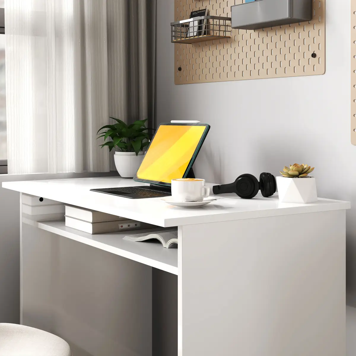 HOMCOM HOMCOM Computer Desk Writing Table Study Workstation Storage High Gloss White - Desk