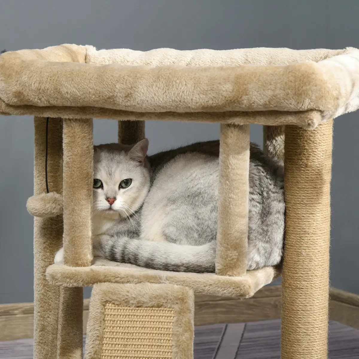Pawhut Cat Tree Tower W/ Jute Scratching Pad, Toy Ball, Cat House 66x38x88 cm - Coffee - Cat Tree
