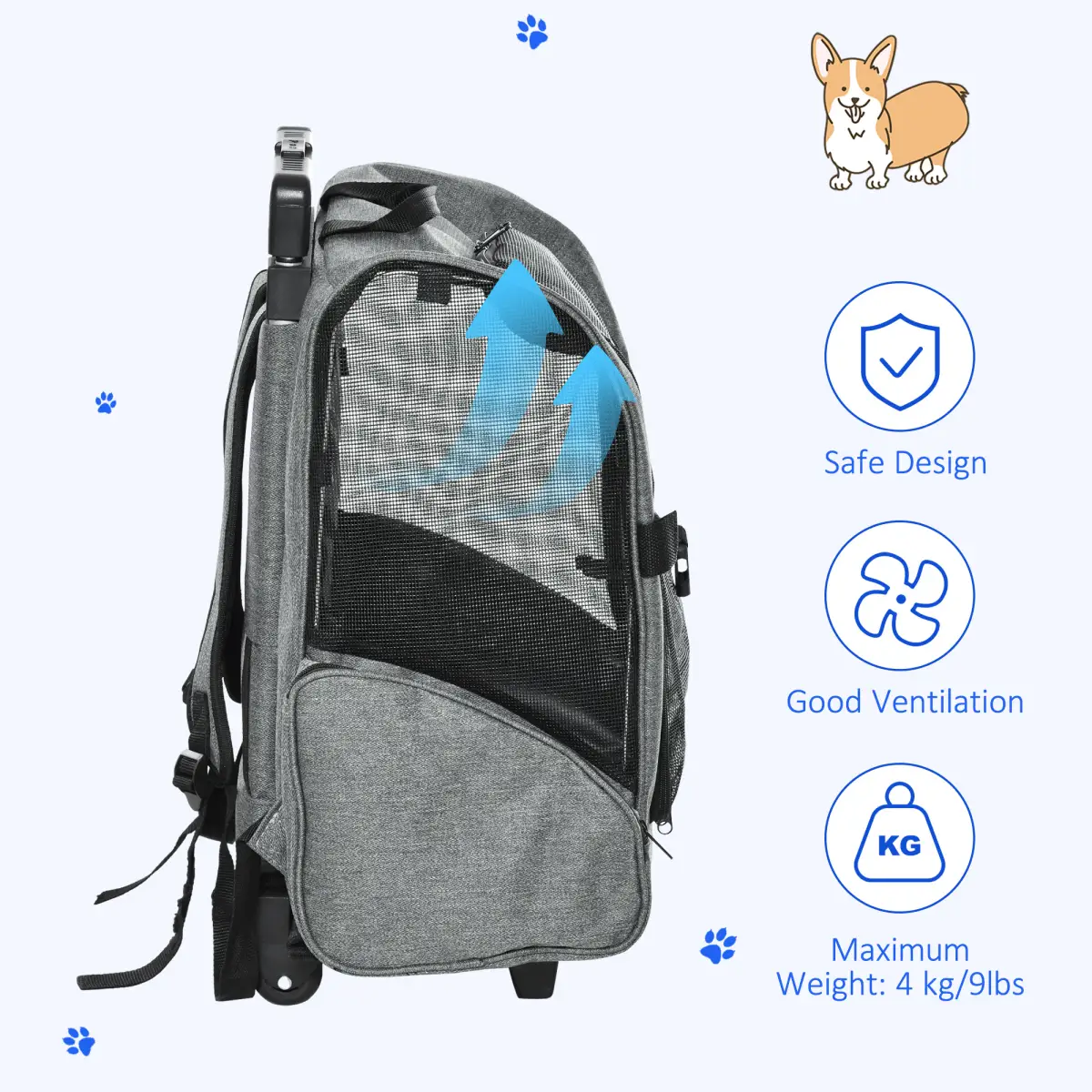 Pawhut Pet Travel Backpack Bag Cat Dog Carrier w/ Trolley and Telescopic Wheel Grey - Pet Carrier