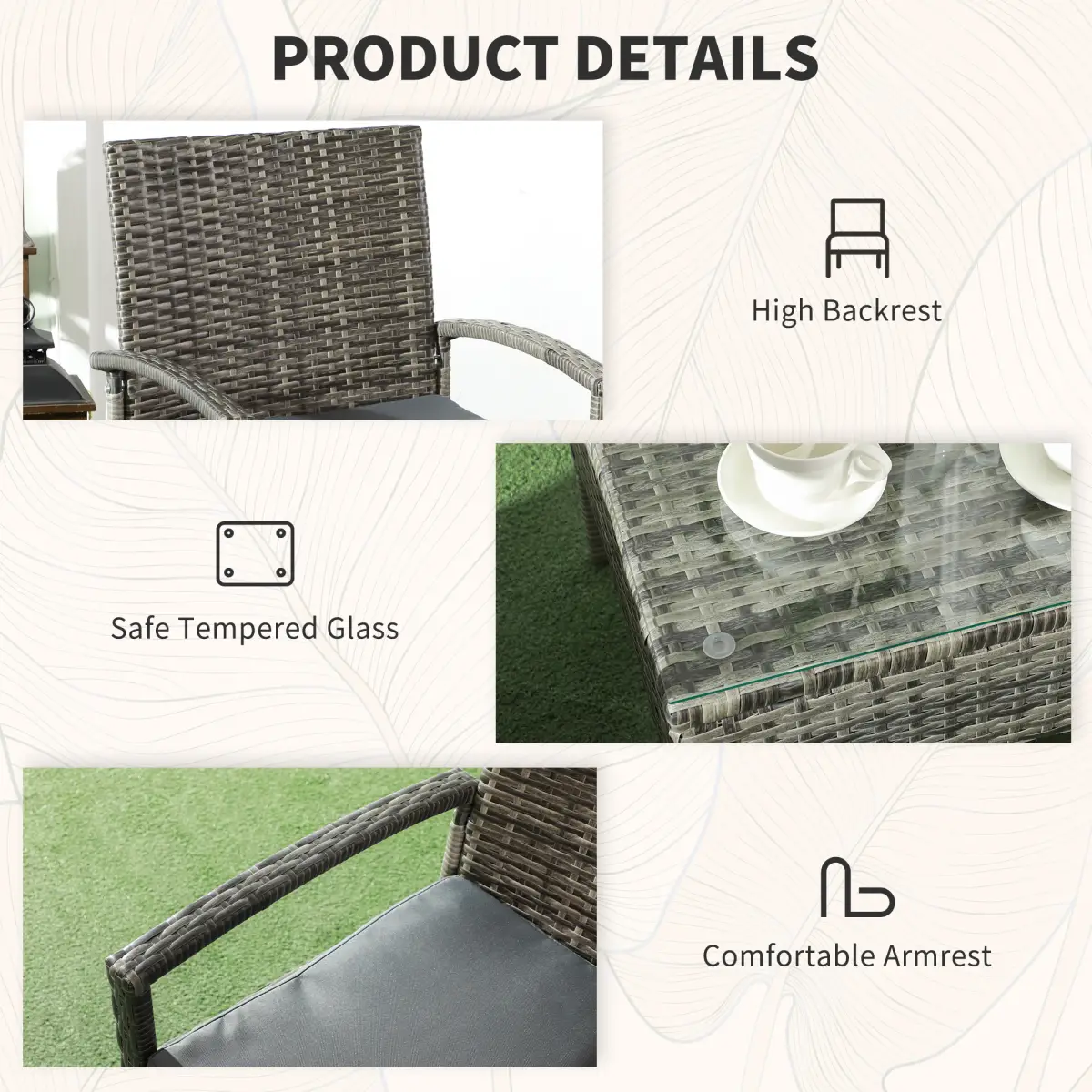 Outsunny Outsunny 3PC Garden Rattan Bistro Set Balcony Dining Table Chair Mixed Grey - Garden Set
