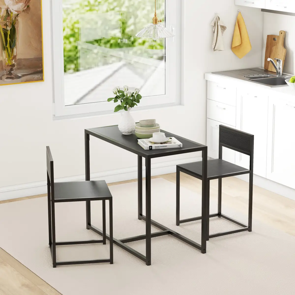 HOMCOM HOMCOM 3 Piece Dining Table Set with Metal Frame, Black - Dining Set