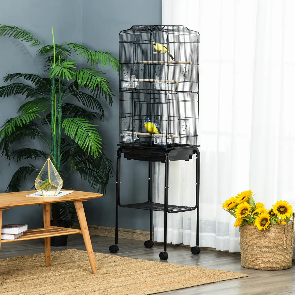 Pawhut Bird Cage Metal Budgie Cages W/ Rolling Stand Slide-out Tray Storage Shelf Black - Bird Cage