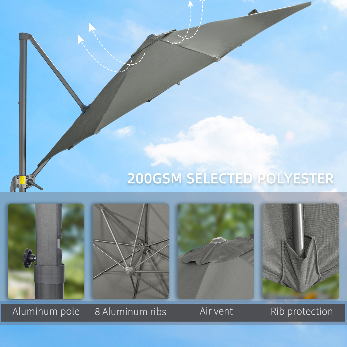 Outsunny 3 x 3(m) Cantilever Parasol Garden Umbrella with Cross Base Grey - Parasol