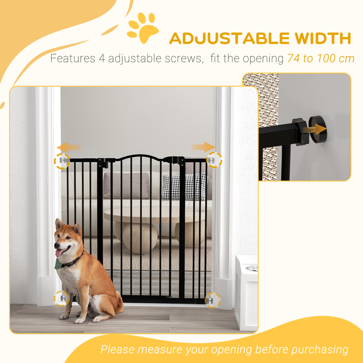 PawHut 74-100cm Adjustable Metal Pet Gate Safety Barrier w/Auto-Close Door Black - from PawHut