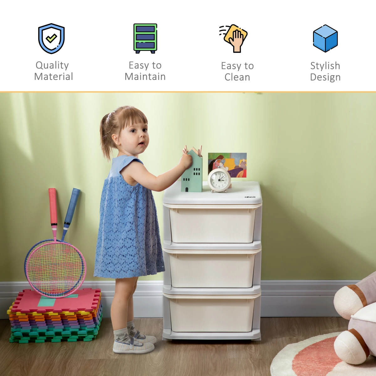 Homcom HOMCOM Kids Storage Unit Three Drawer Stable Base - Chest of Drawers