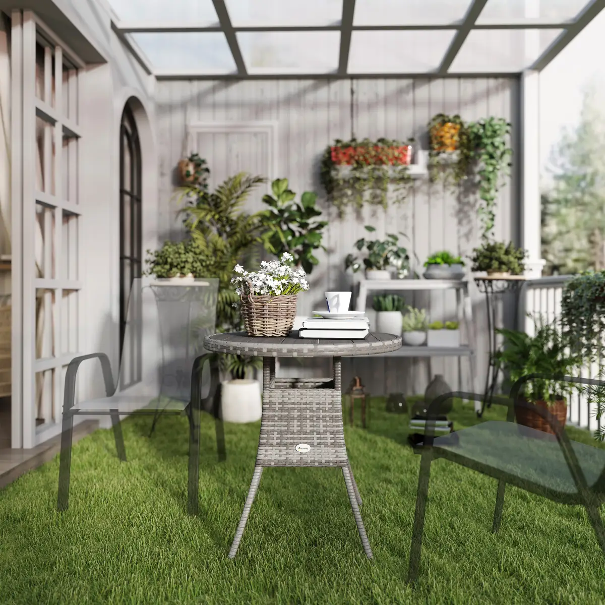 Outsunny Outsunny Outdoor PE Rattan Dining Table w/ Wood-plastic Composite Top, Grey - Garden Table