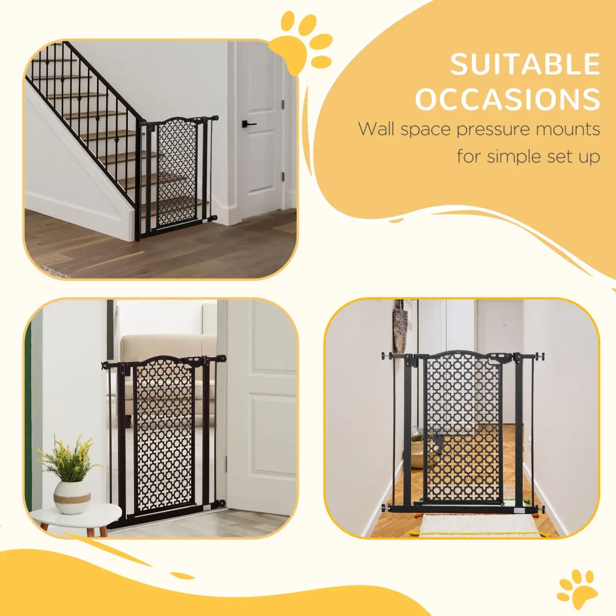 Pawhut 74-80 cm Pet Safety Gate Stair Pressure Fit w/ Auto Close Double Locking, Black - Pet Gate