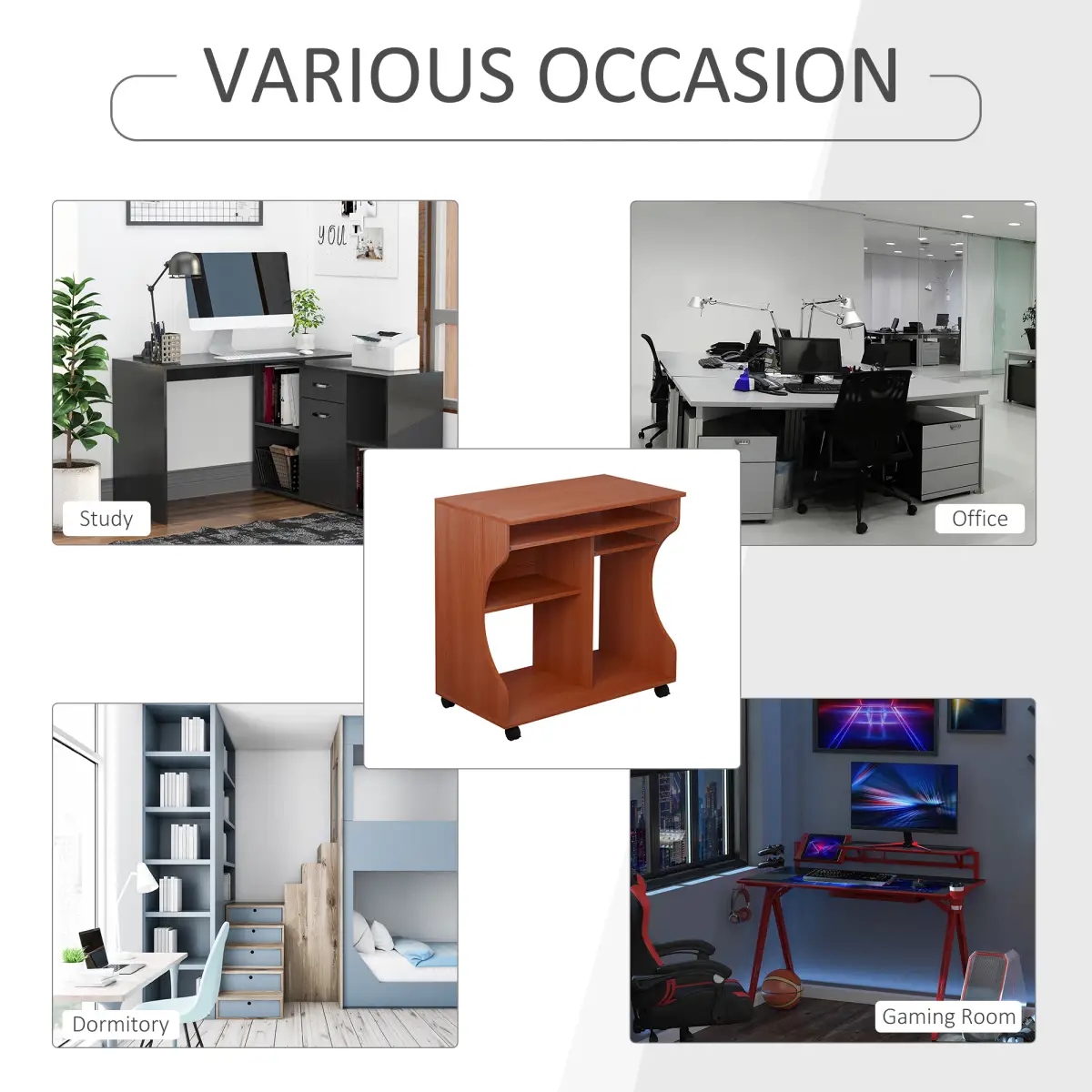 HOMCOM Computer Desk Laptop Writing Table Storage Shelf Workstation Wheels-Cherry Wood - Desk