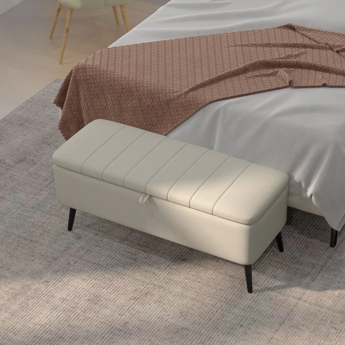 HOMCOM Storage Ottoman Bench Compact Linen Cream White With Under Seat Storage And Padded Lid For Living Room by HOMCOM
