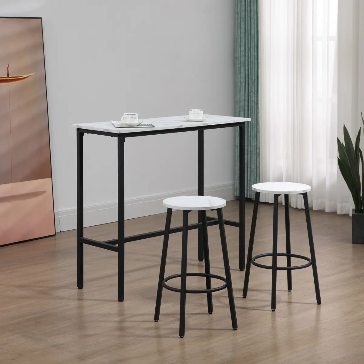 HOMCOM HOMCOM 3 Piece Bar Table Set for 2 with Stools Steel Frame Footrest White - Dining Set