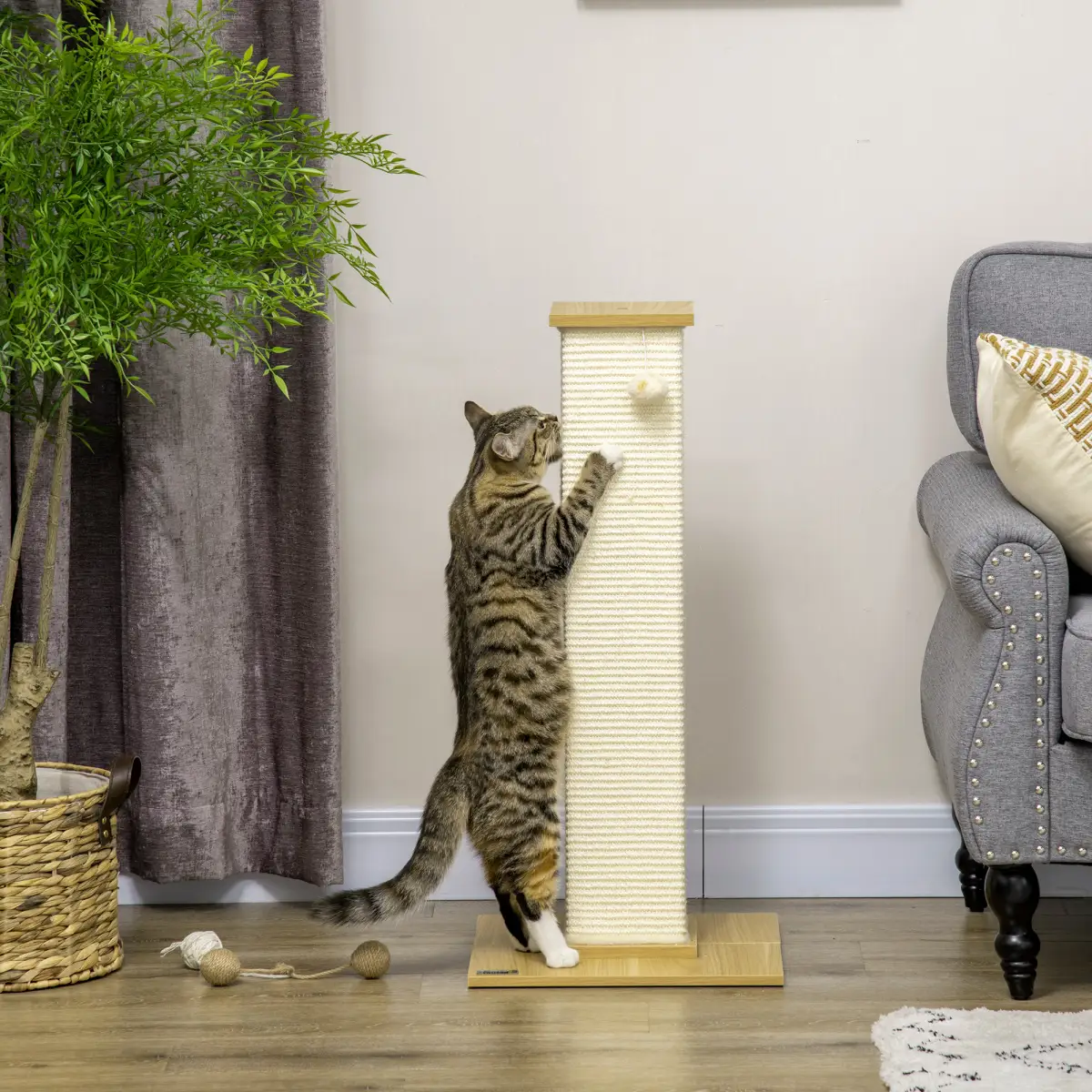 PawHut 80cm Sisal Rope Scratching Post w/ Toy Ball - White - Cat Tree