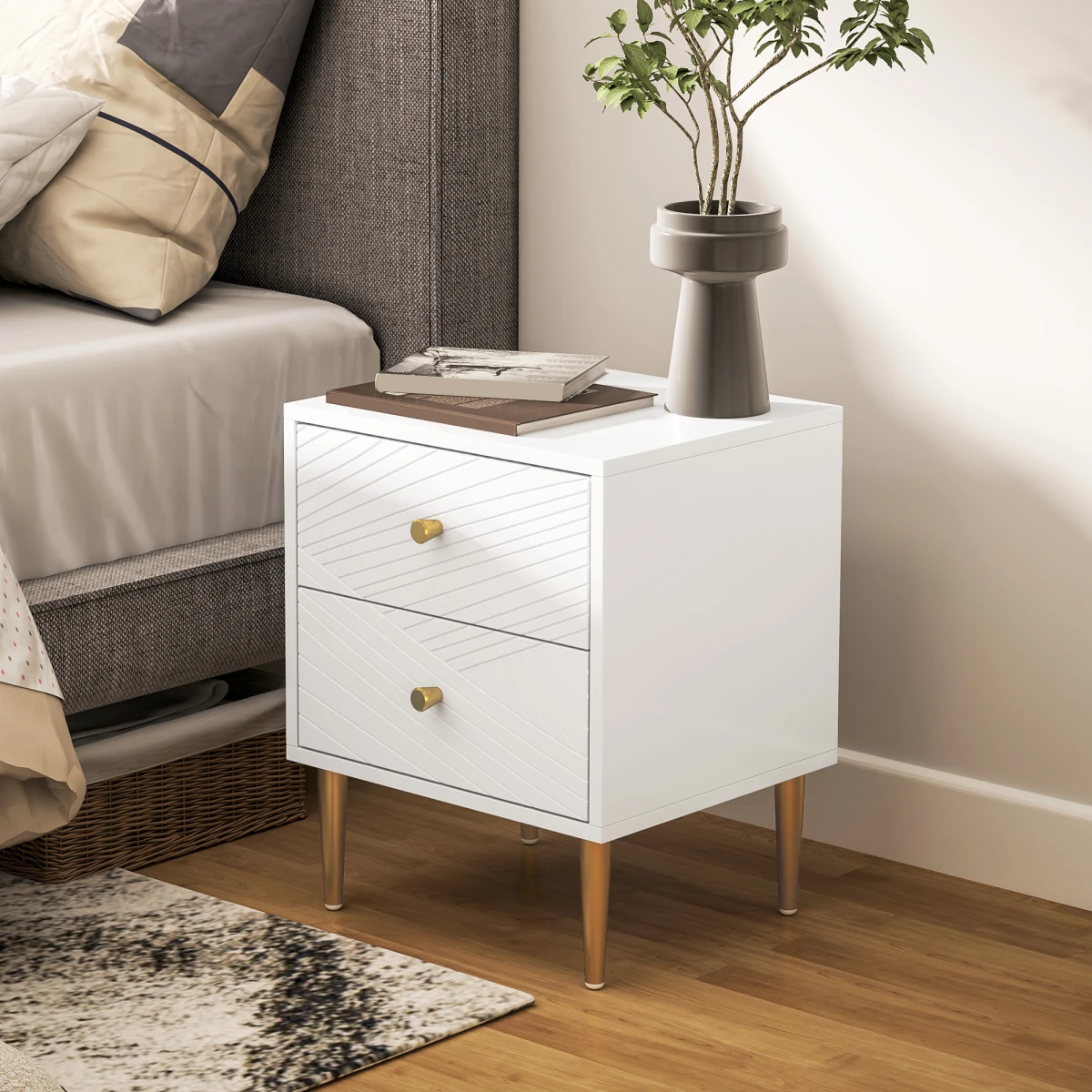 Elegant Nightstand Compact Gold Handles Bedroom by HOMCOM