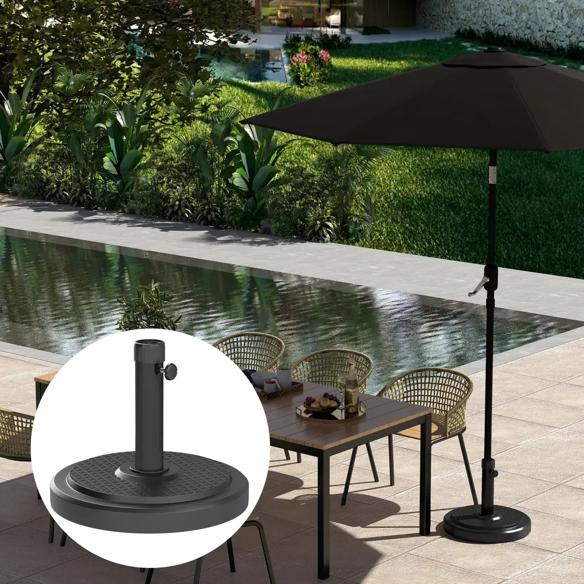 Outsunny Outsunny 22kg Garden Parasol Base, Round HDPE Sun Umbrella Base, Black - Parasol