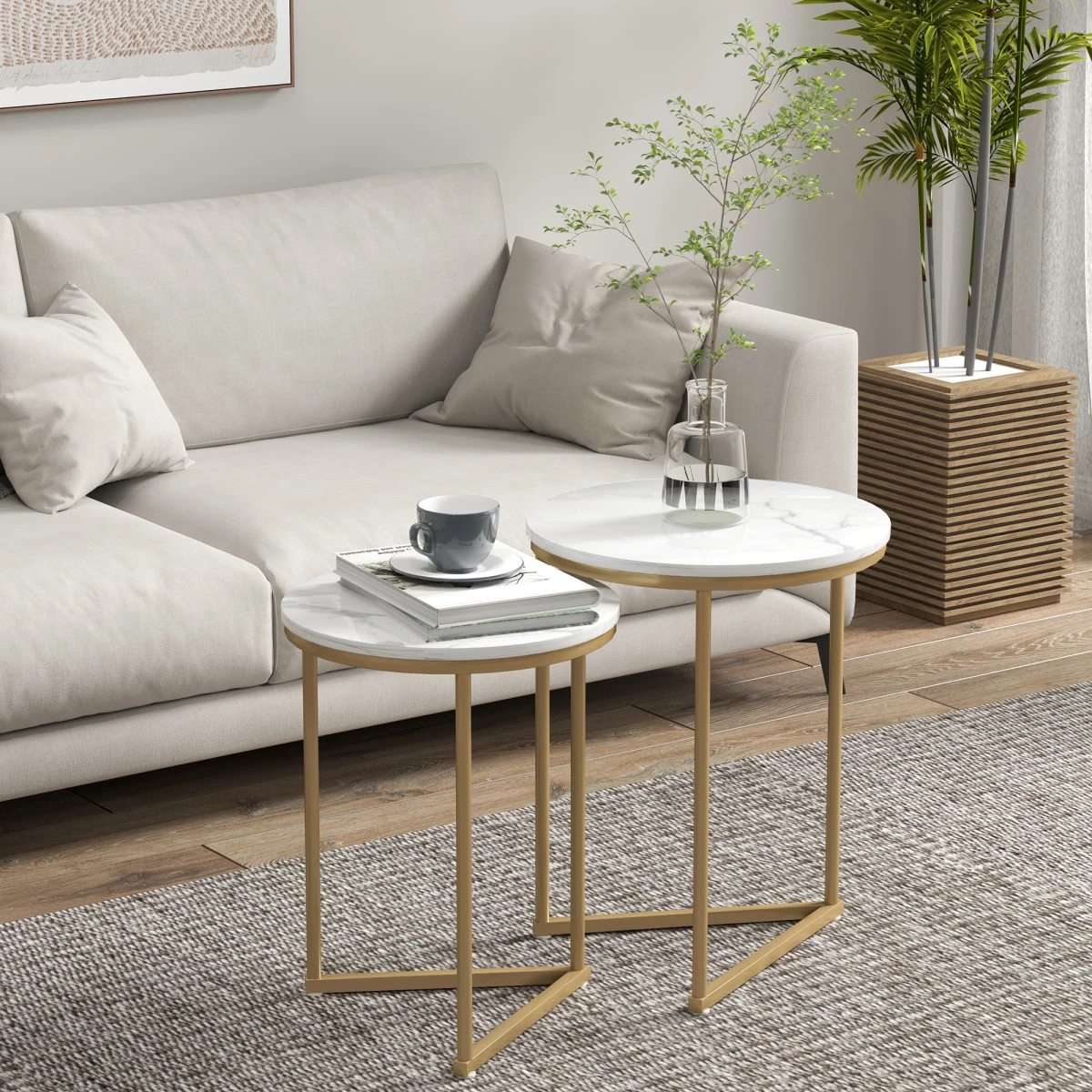 HOMCOM Nesting Coffee Tables Set of 2 With Marble Look Tops and Gold Frames for Modern Living Room - Coffee Table