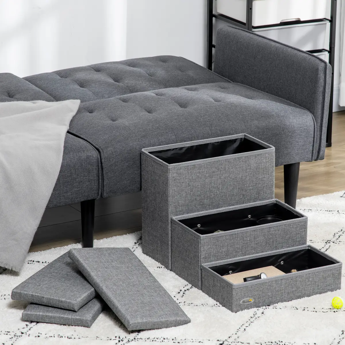 PawHut PawHut 3 Step Dog Steps with Storage Boxes, Cat Stairs for Bed Sofa, Light Grey - Dog Steps