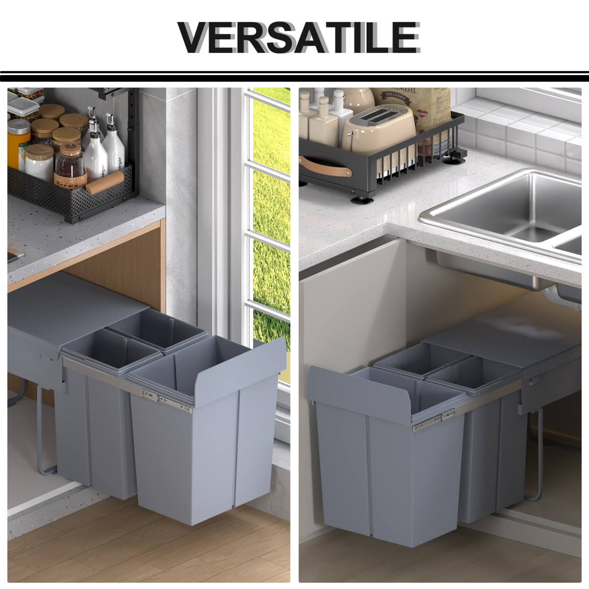 Recycle Waste Bin Pull Out Dustbin Recycling Cabinet 40L-Grey - from HOMCOM