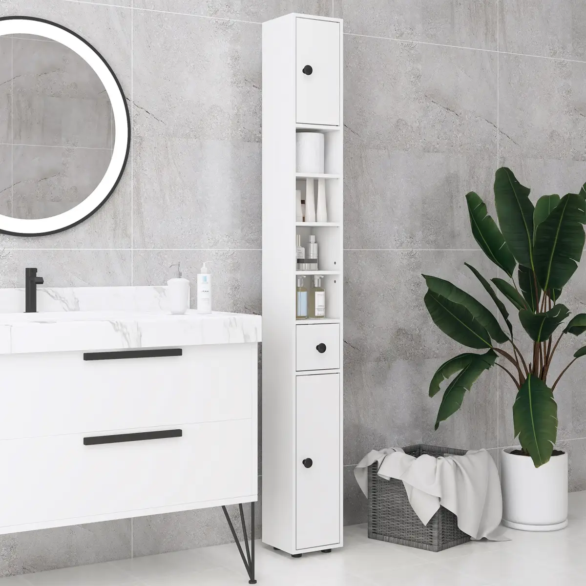 kleankin Kleankin Slim Bathroom Cabinet, Toilet Roll Storage w/ Open Shelves, White - Display Cabinet