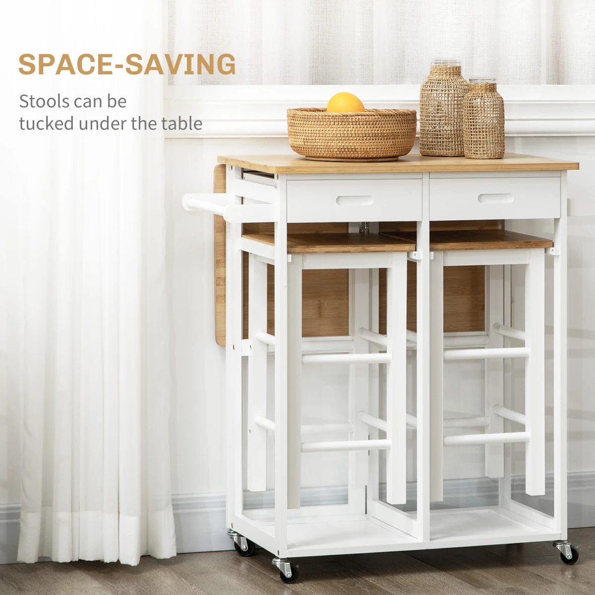 HOMCOM Bamboo Breakfast Cart Drop Leaf Table Stools by HOMCOM