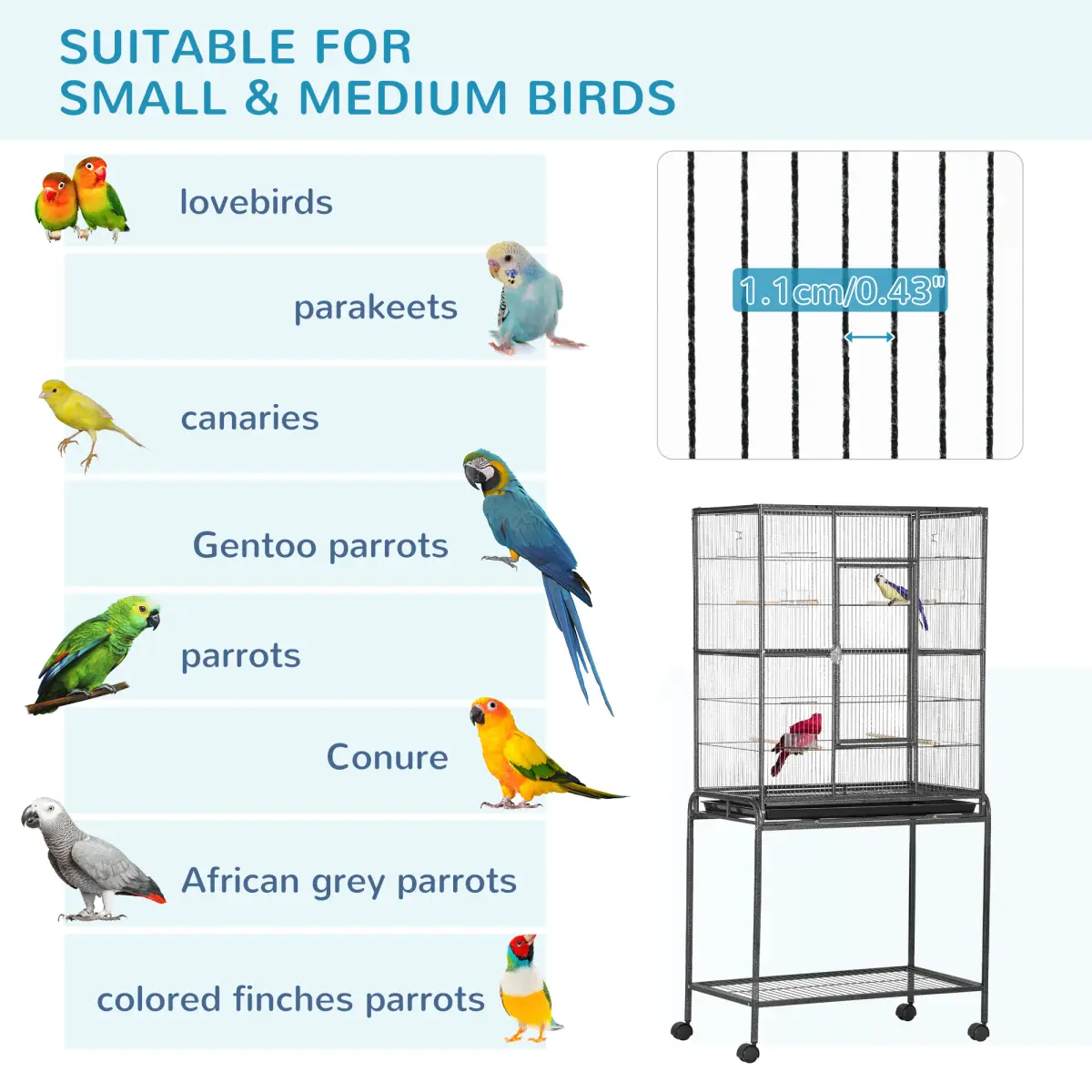 Pawhut Rolling Bird Cage w/ Detachable Stand, Storage Shelf, Wood Perch, Food Container - Bird Cage