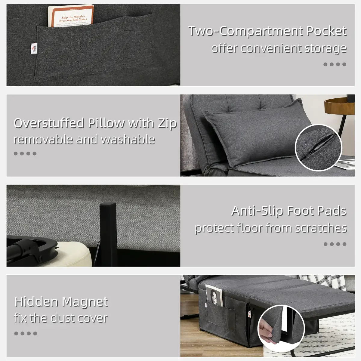 HOMCOM HOMCOM Folding Sleeper Chair Bed with Pillow and Side Pockets, Charcoal Grey - Folding Chairs