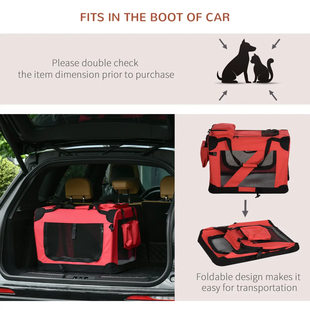 Pawhut Folding Pet Carrier Bag Soft Portable Cat Travel Cage, 60x42x42 cm, Red - Pet Carrier