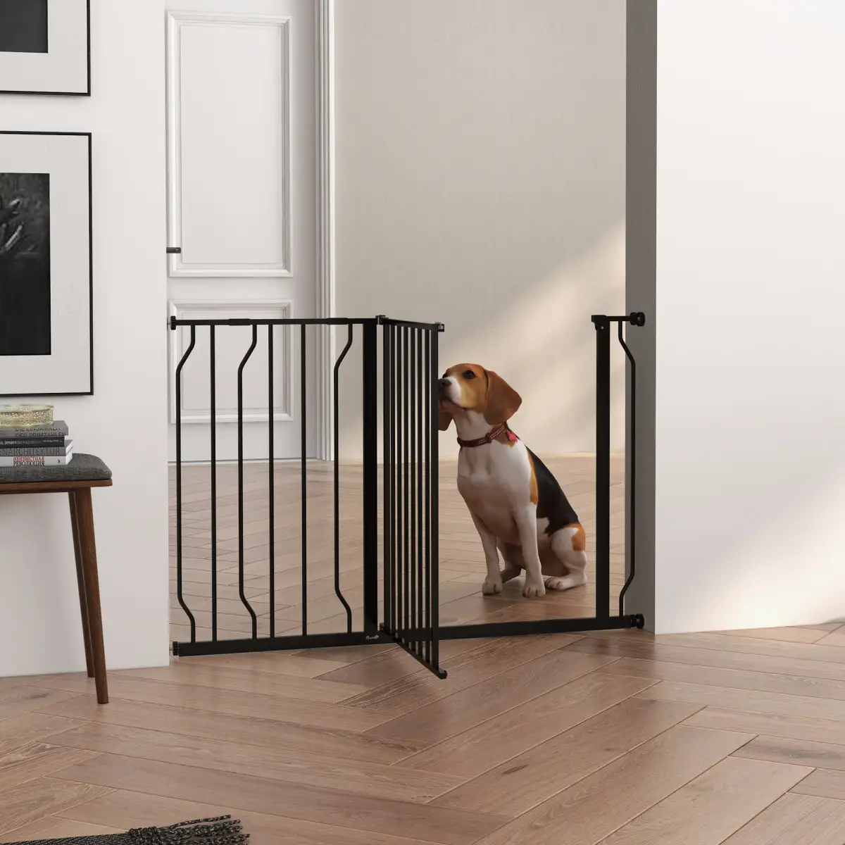PawHut PawHut Dog Gate Wide Stair Gate with Door Pressure Fit, 75-115W cm, Black - Pet Gate