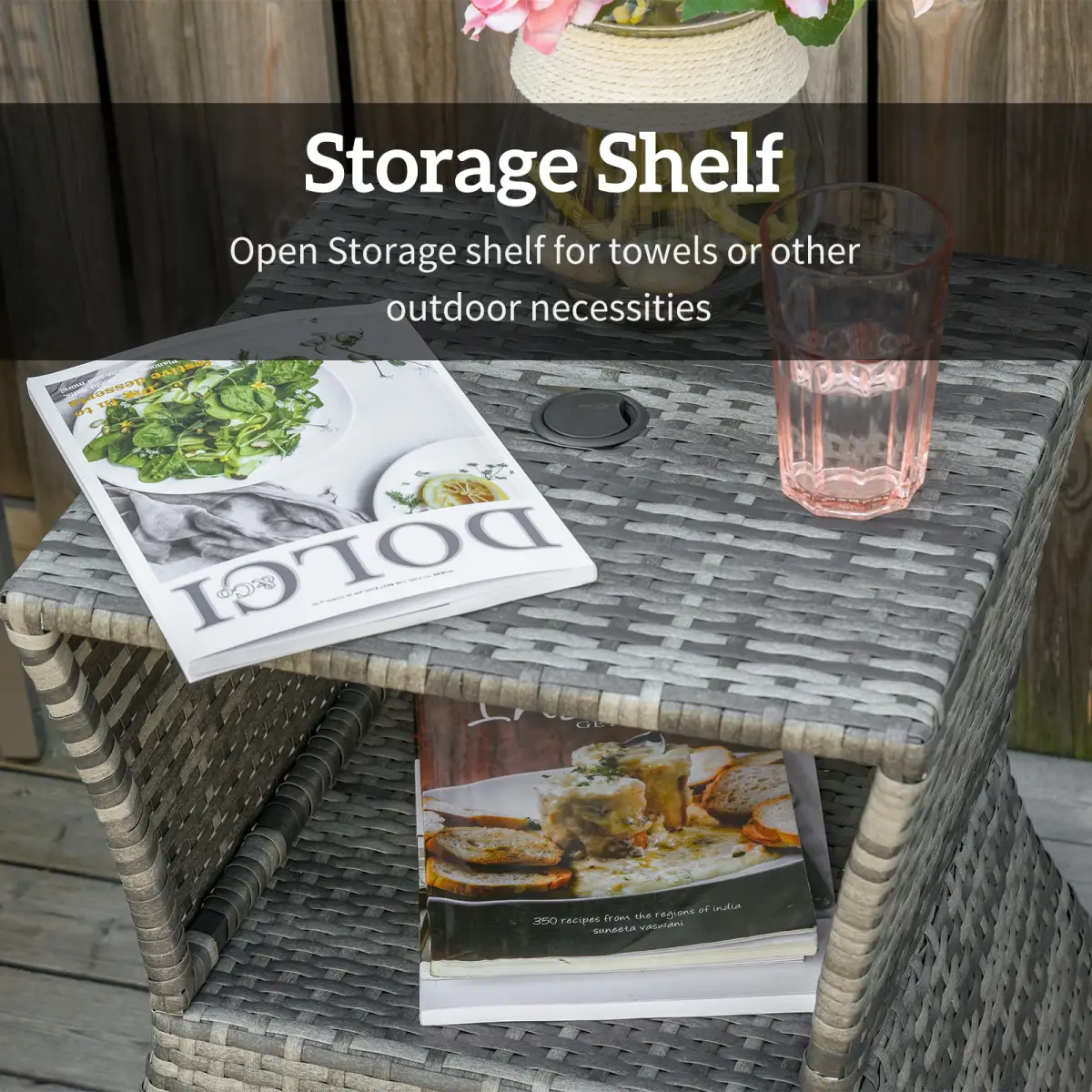 Outsunny Outsunny Rattan Wicker Tea Coffee Table w/ Umbrella Hole and Storage Space Grey - Garden Table