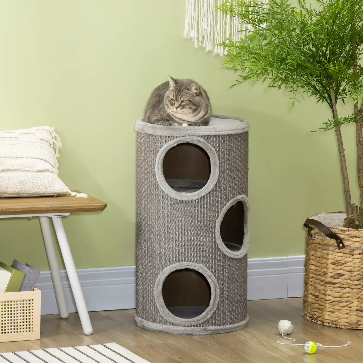 PawHut Cat Barrel Kitten Tree Tower for Indoor Cats, Covered with Sisal, Cosy Platform - Cat Tree