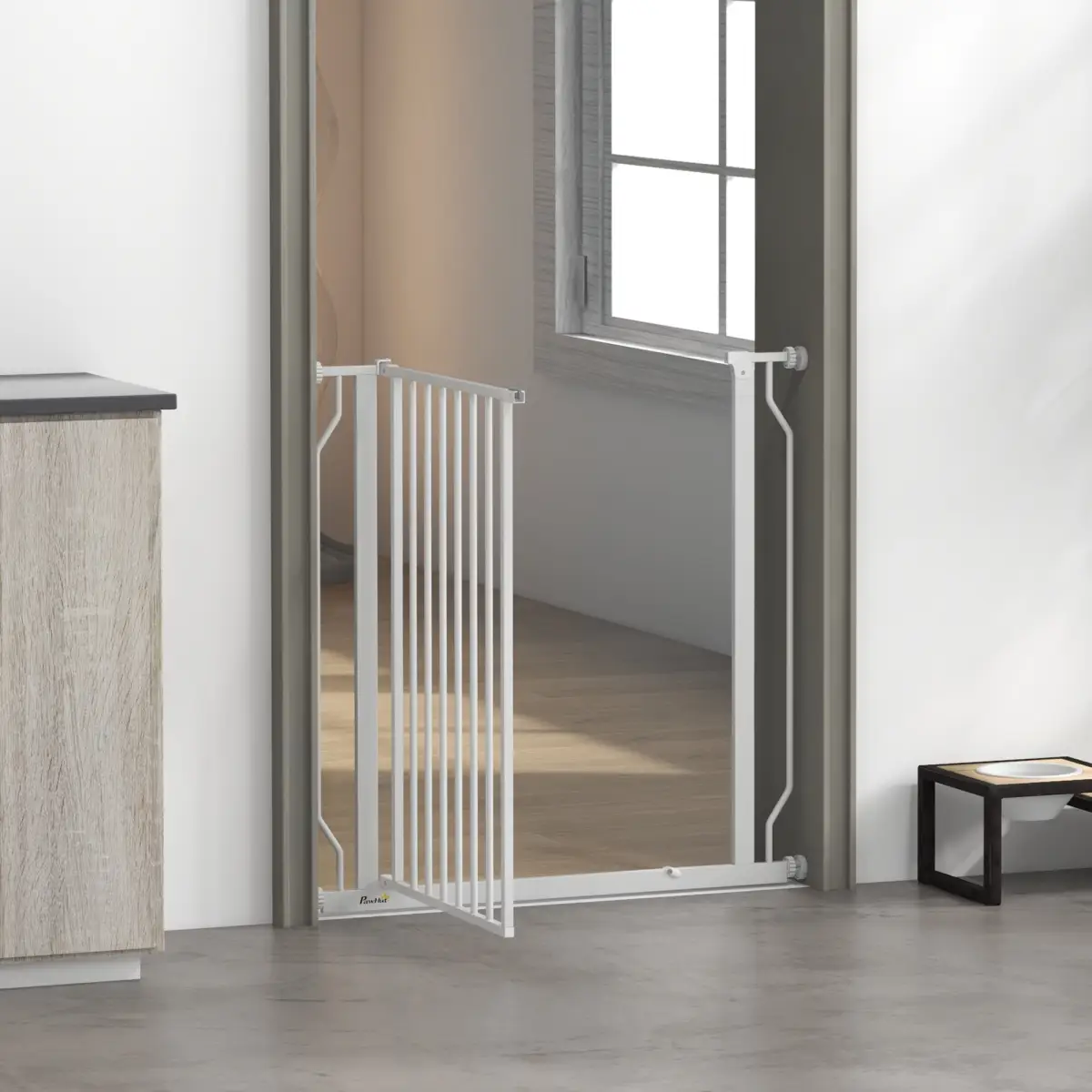 PawHut PawHut Dog Gate Wide Stair Gate w/ Door Pressure Fit, 75-85W cm, White - Pet Gate