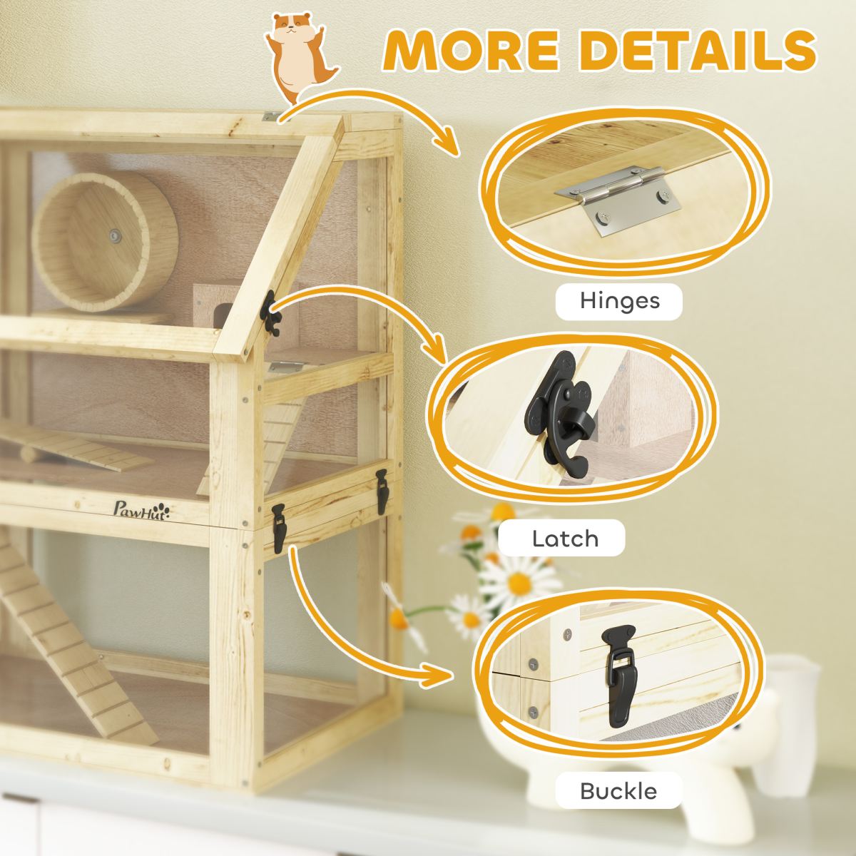 PawHut Wooden Hamster Cage w/ Detachable Bottom, Hut, Seesaw, 60 x 40 x 75cm - from PawHut
