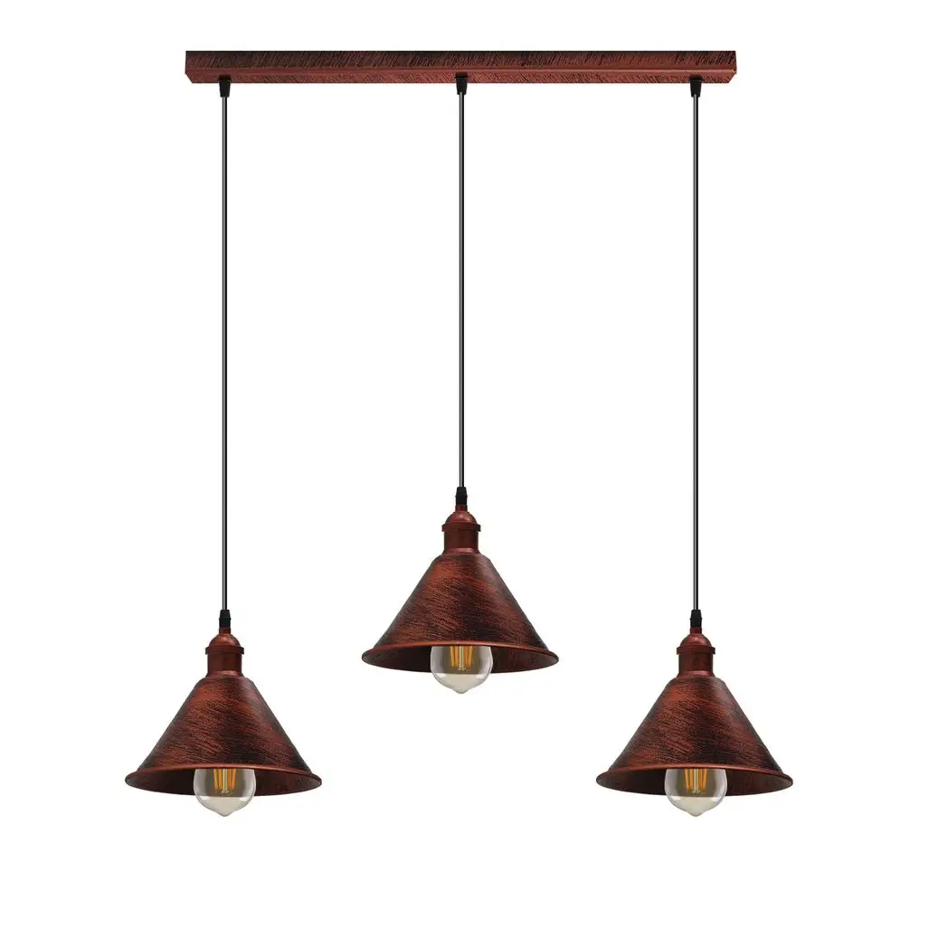 Un-branded Vintage Industrial Rustic Red 3 Head Reactangle Pendant Cord E27 Base Metal Brushed Light Fitting Cone Shape Lamp Shade - Pendant Lights