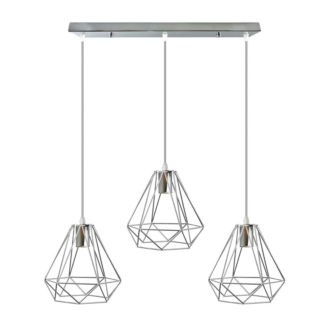 LEDSONE 3 Head Rectangle Base Chrome Vintage Metal 20cm Diamond Wire Cage E27 Base Ceiling Pendant Light - Pendant Lights