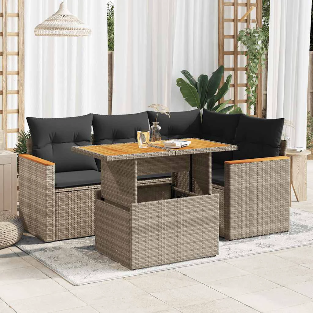 vidaXL 5 Piece Garden Sofa Set with Cushions Black Poly Rattan Acacia by vidaXL